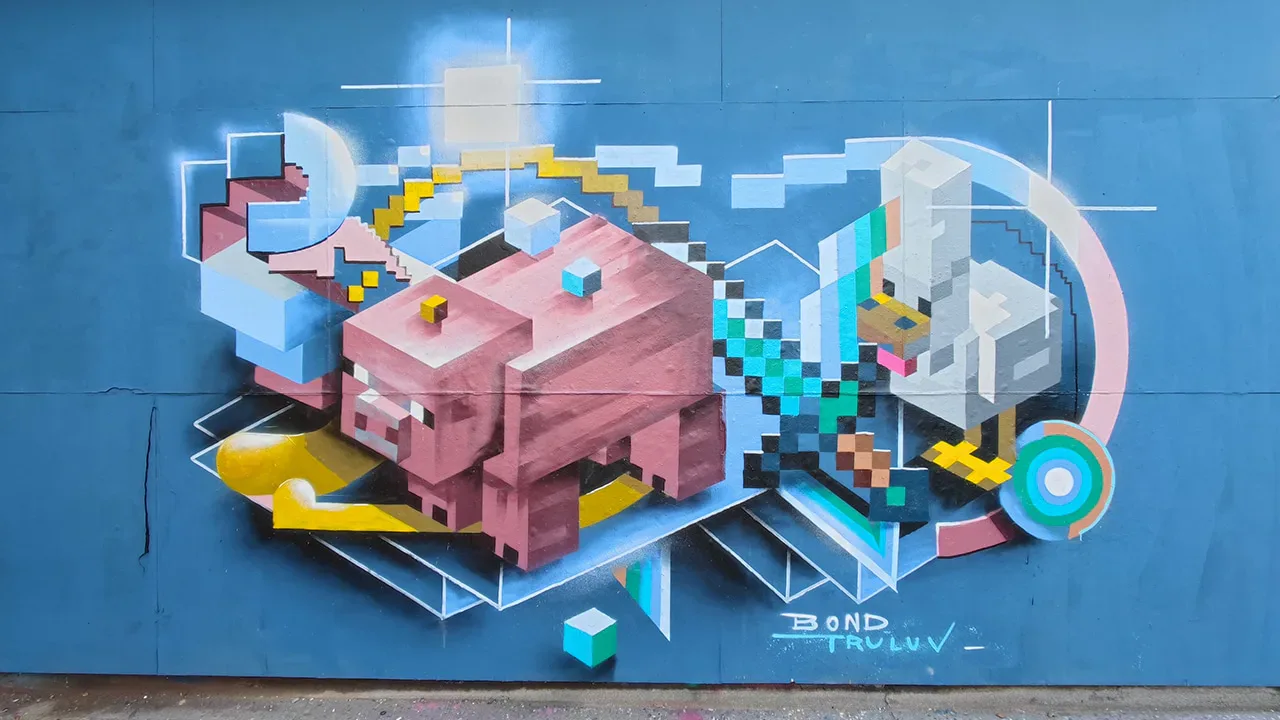 A graffiti artwork by Deco Farkas featuring the Minecraft pig, a sword, and a duck