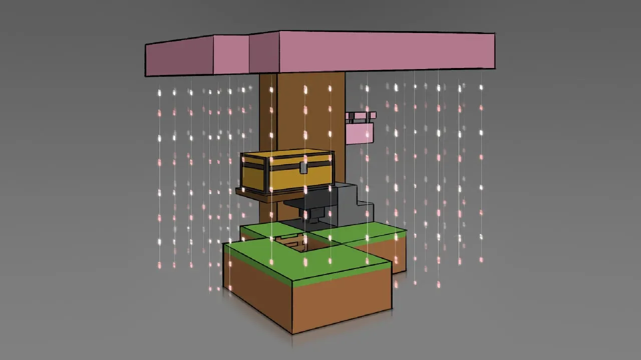 A concept image of the Minecraft time capsule, a cherry blossom tree with a chest underneath it