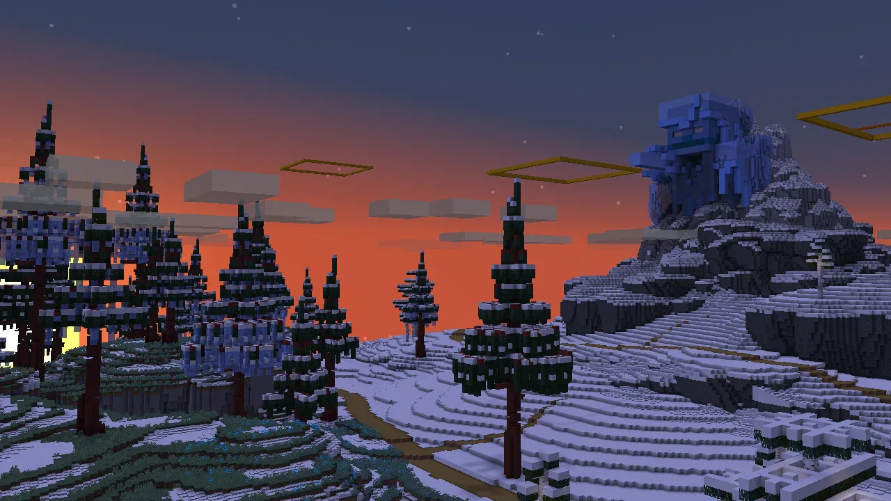 A screenshot of a giant stray monument in a snowy biome.