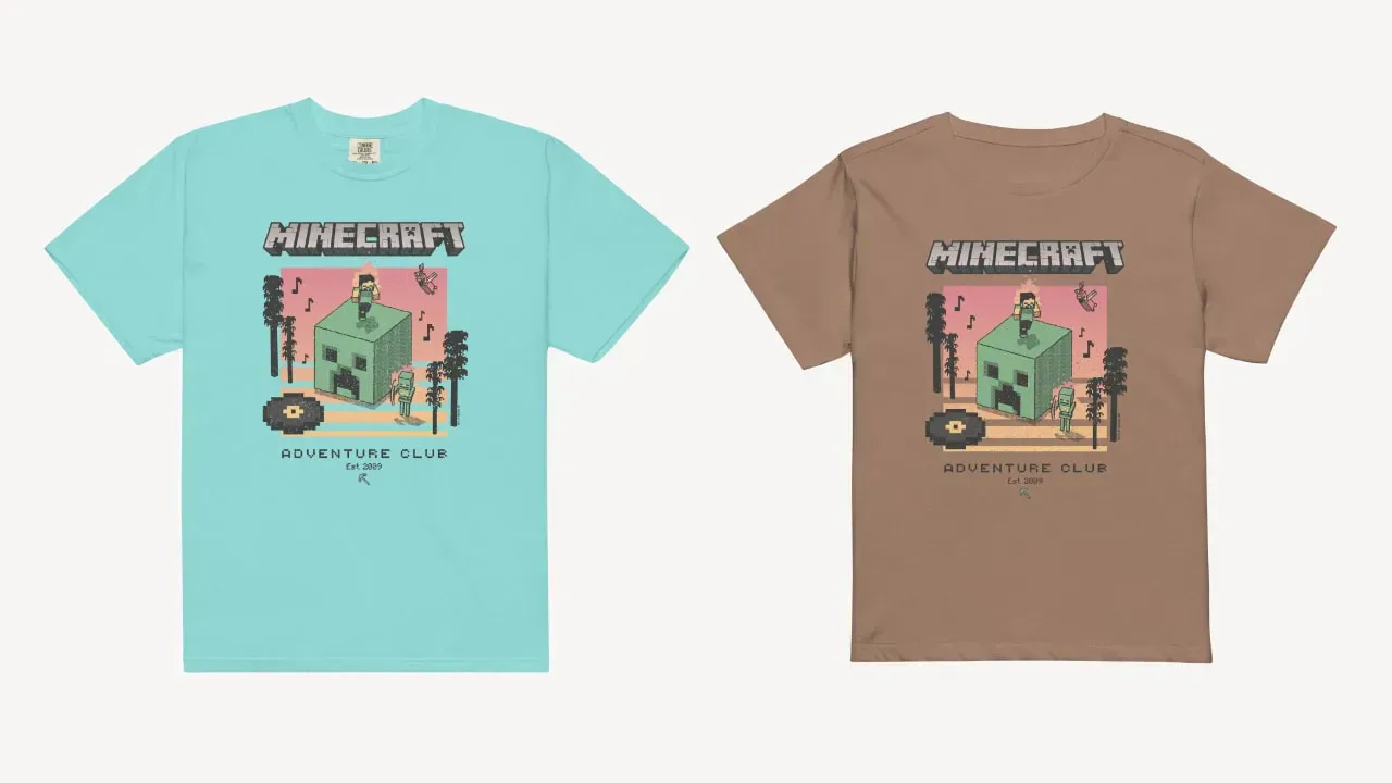 Two band T-shirts, one blue and one brown, both with the same colorful vintage design
