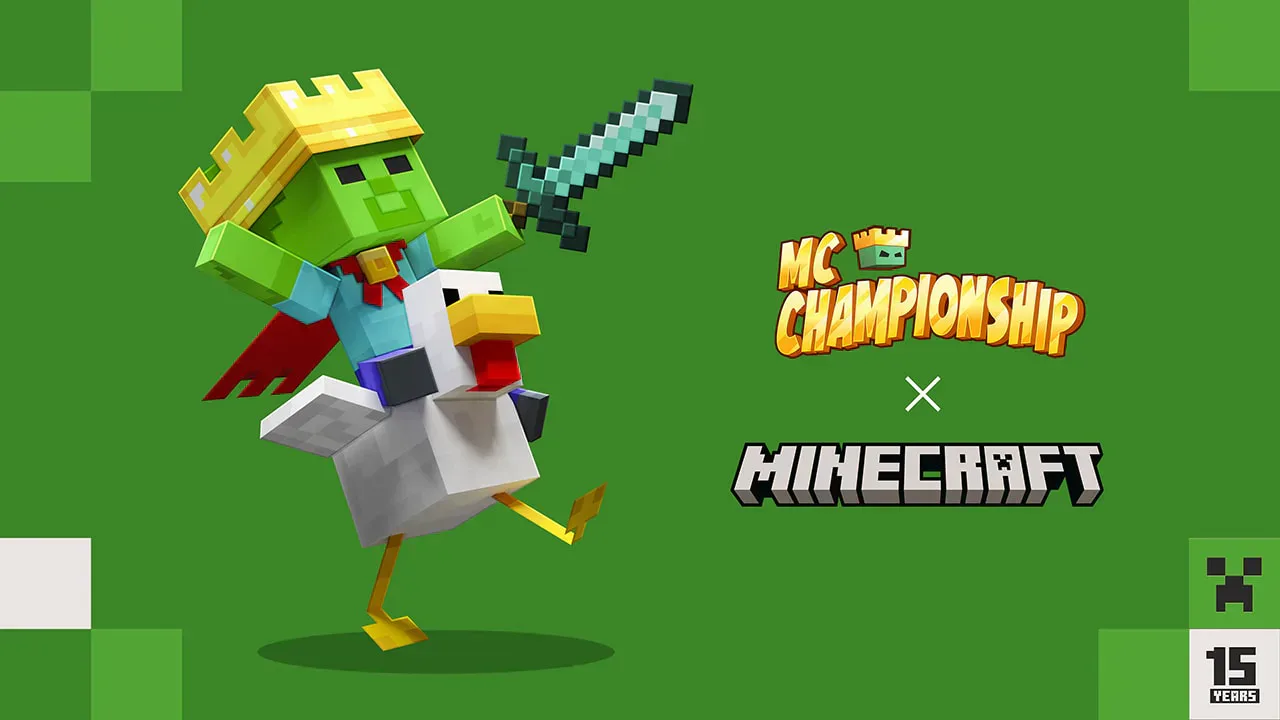 A zombie with a sword riding a chicken next to the MCC and Minecraft logos