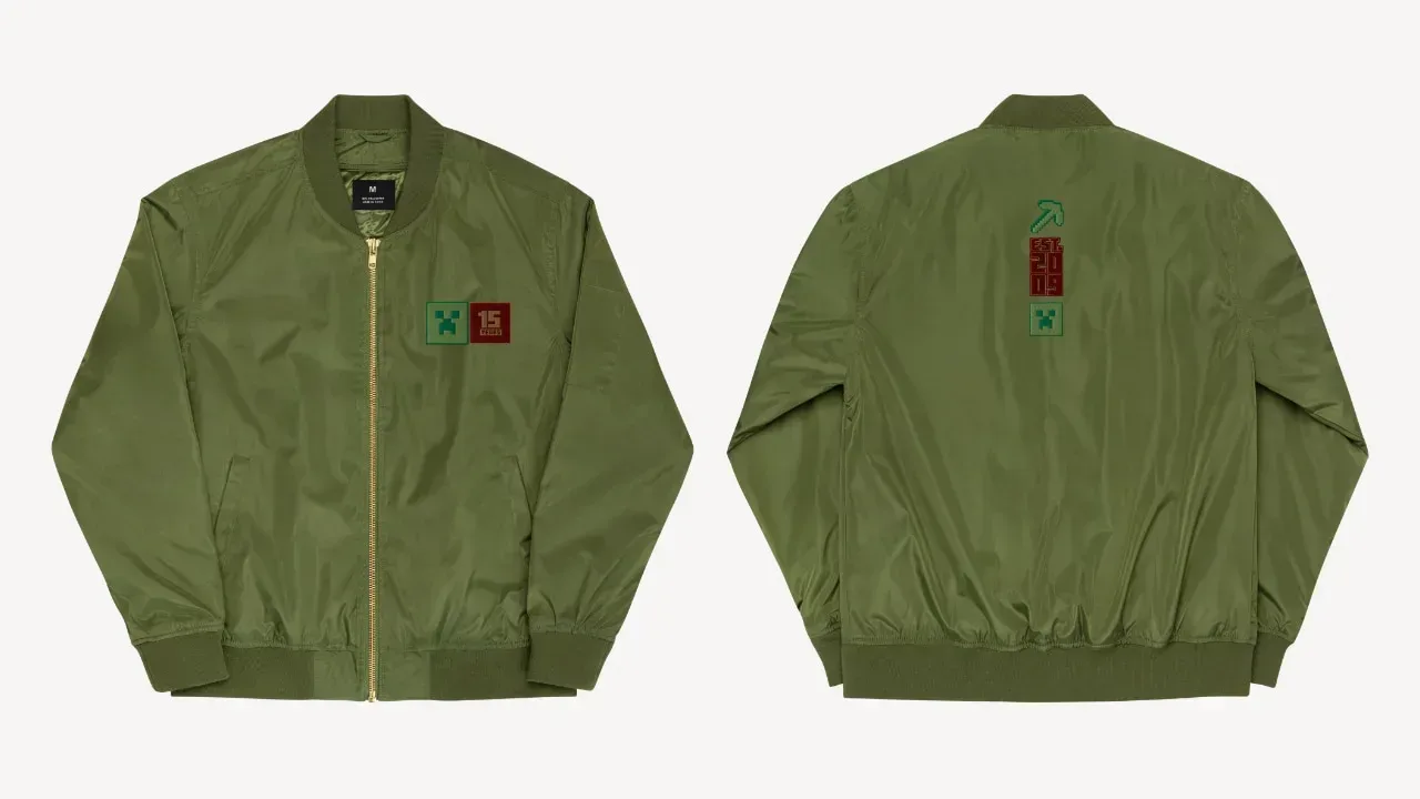Minecraft 15th Anniversary collection bomber jacket in olive green