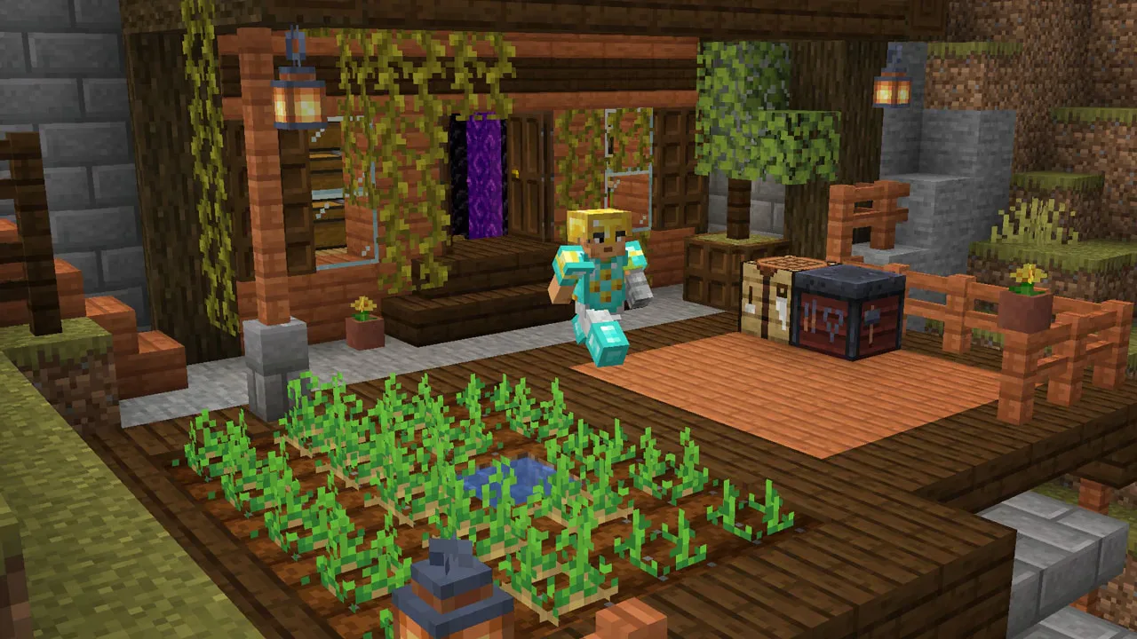 Image 84: A character wearing a gold helmet and a diamond armor set.