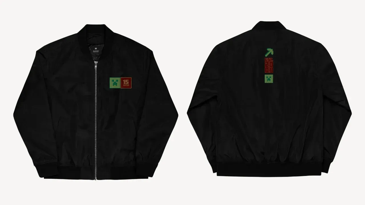 Minecraft 15th Anniversary collection bomber jacket in black