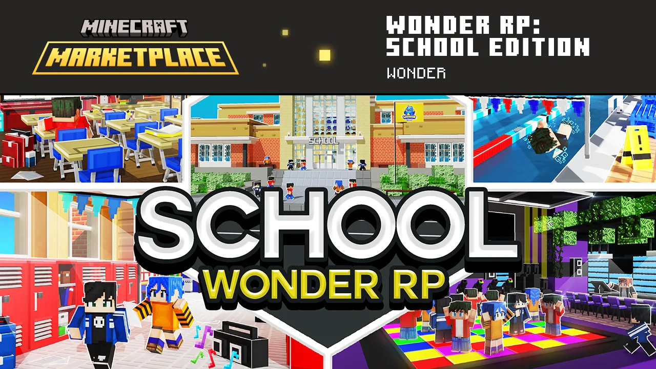 A blocky school with desks, lockers, a swimming pool, a school dance and more!