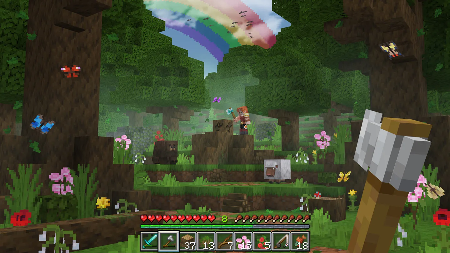 Blocky rainbow over a forest