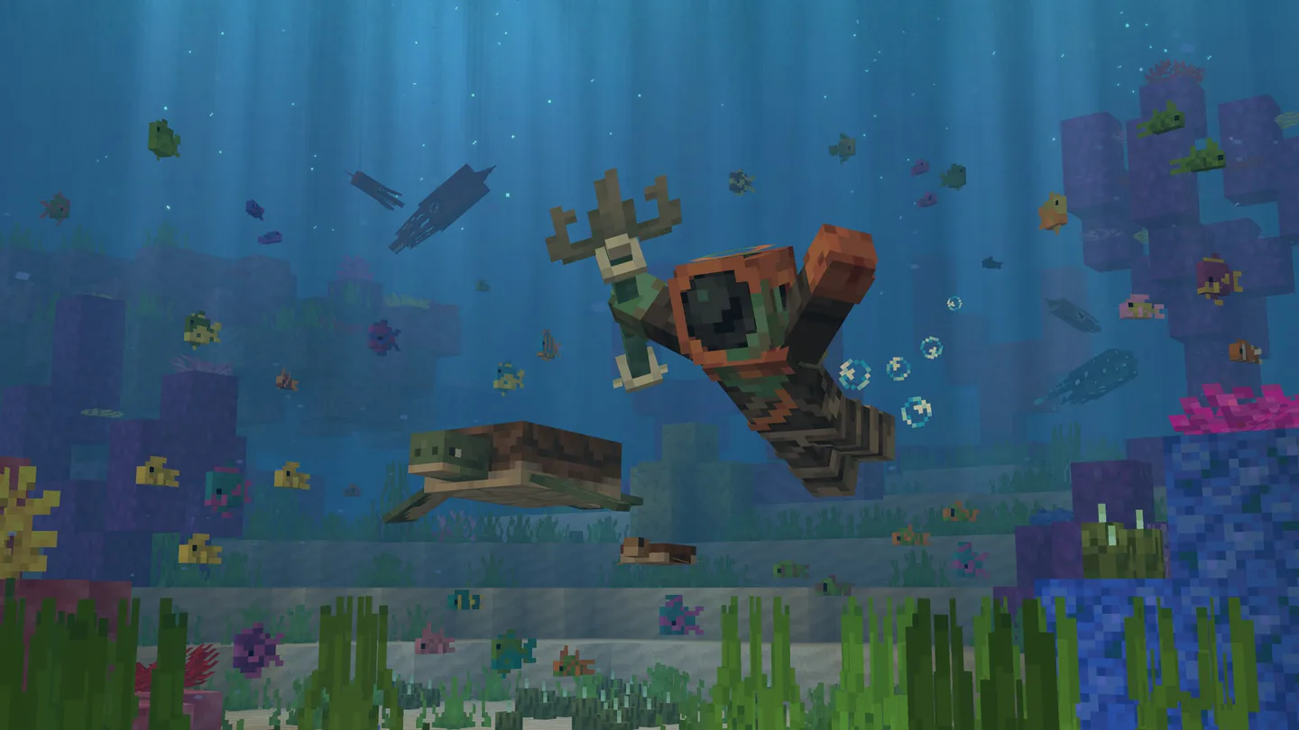 A player holding a trident swimming with fish