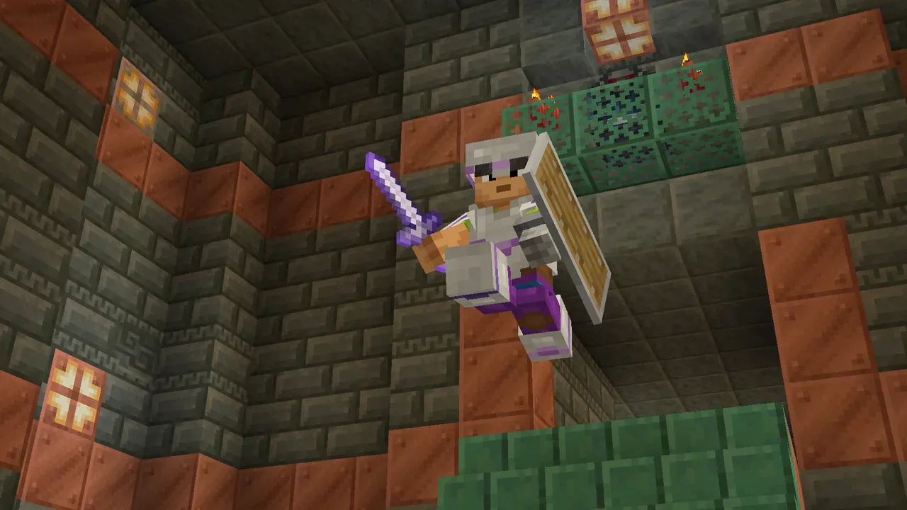Image 87: A Minecraft character jumping through the air with a sword.