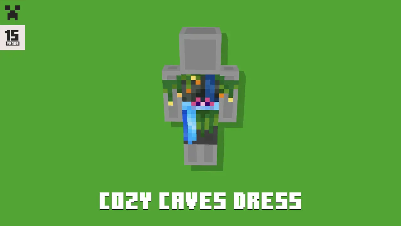 An in-game dress with an axolotl, glowberries, and waterfall