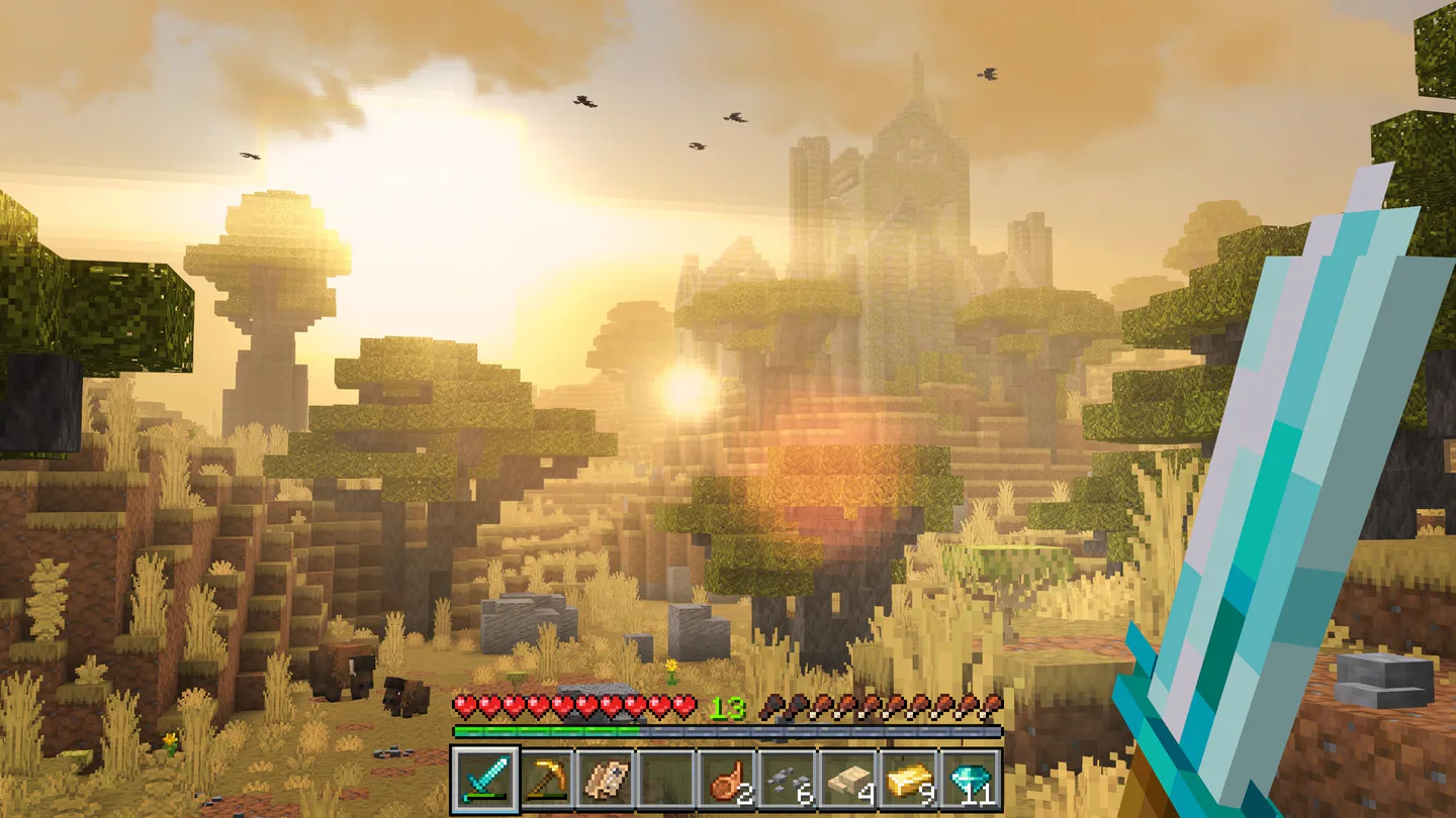 Sunrise turning the blocky world yellow