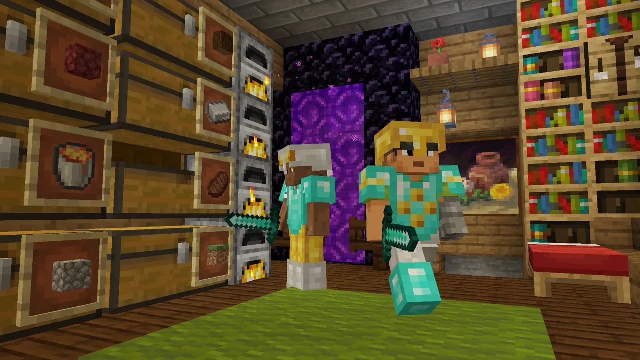 Image 85: Two Minecraft players in a storage room.