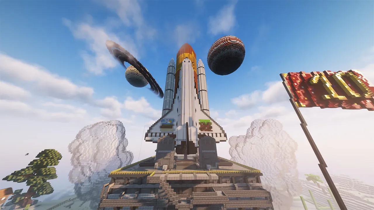 A spaceship, floating planets, and a 10 Year flag