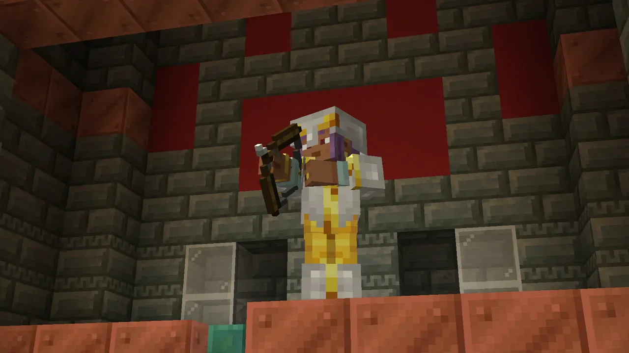 Image 86: A Minecraft character firing a bow inside a trial chamber.