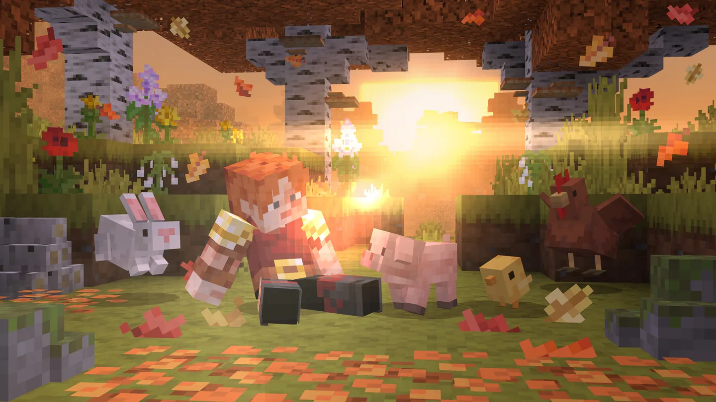 Realistic sunset over autumn leaves and mobs