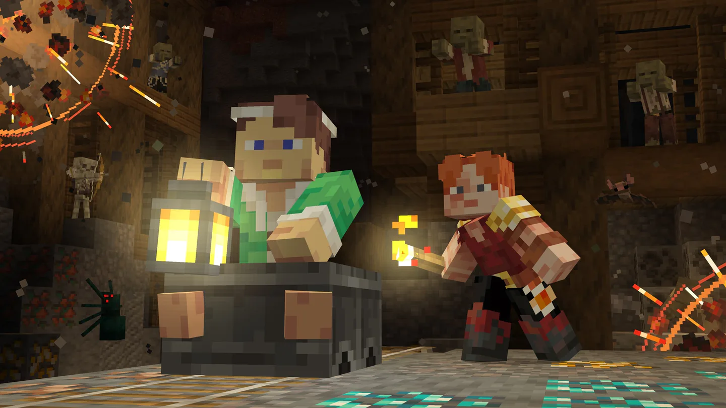 Two players holding torches in a cave