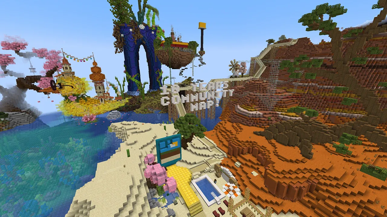 A blocky rocket, floating islands, and other community builds